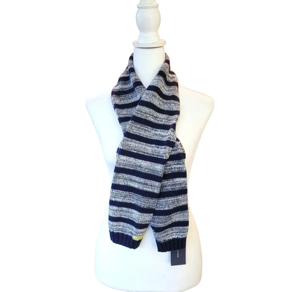 Tommy Hilfiger Navy and Gray Striped Knit Scarf